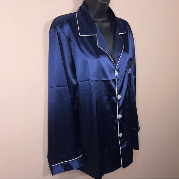 Medium Blue Satin Button Front Pajama Top Long Sleeve Glam - Picture 9 of 11